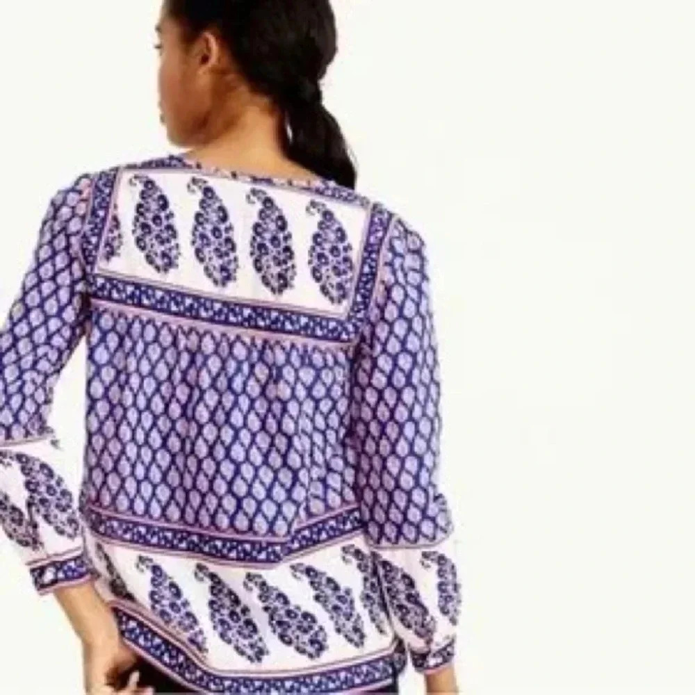 J. Crew French Country Peasant Red White Blue Paisley V-neck Top Blouse size 4 - Picture 2 of 10